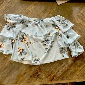 Layered, flowy, off the shoulder, cropped flower print blouse
